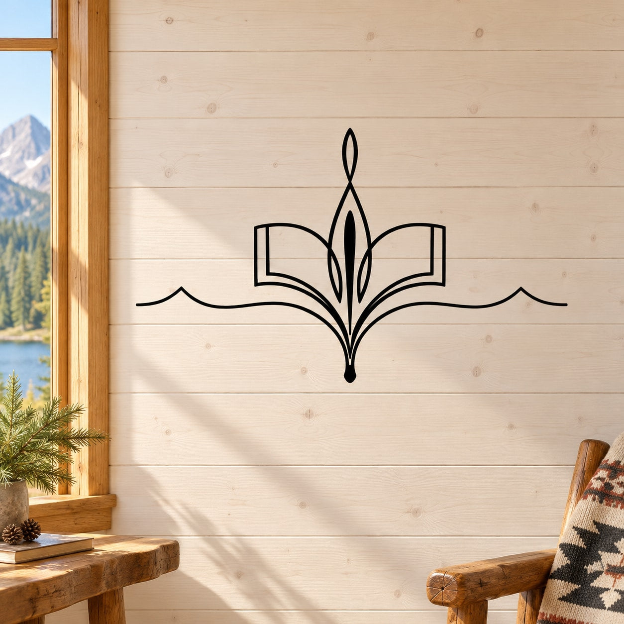 Native southwestern wall decal, black symmetrical arrowburst with lines and central emblem