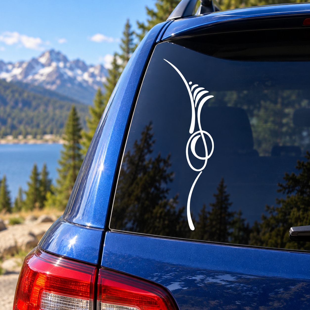 White vinyl car window decal with southwestern swirl and teardrop shapes