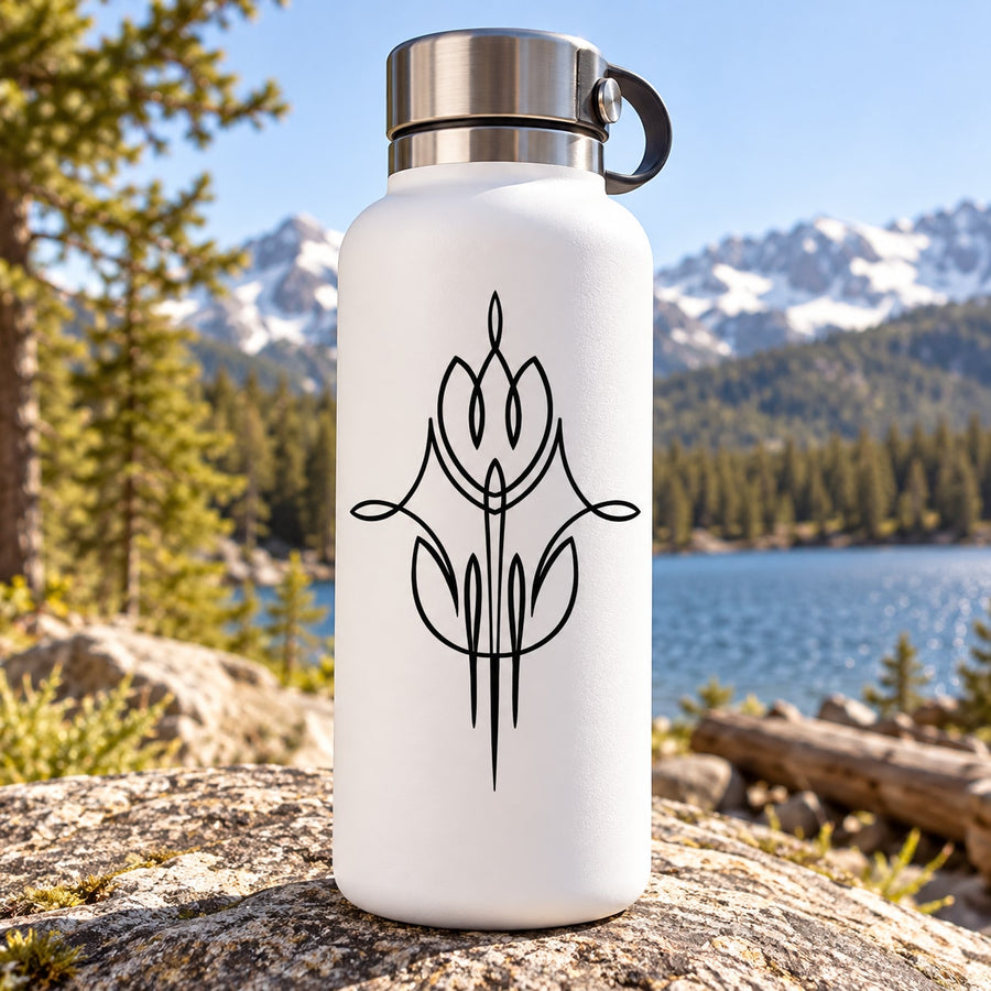 Native-style flame and flower vinyl decal in black on white surface