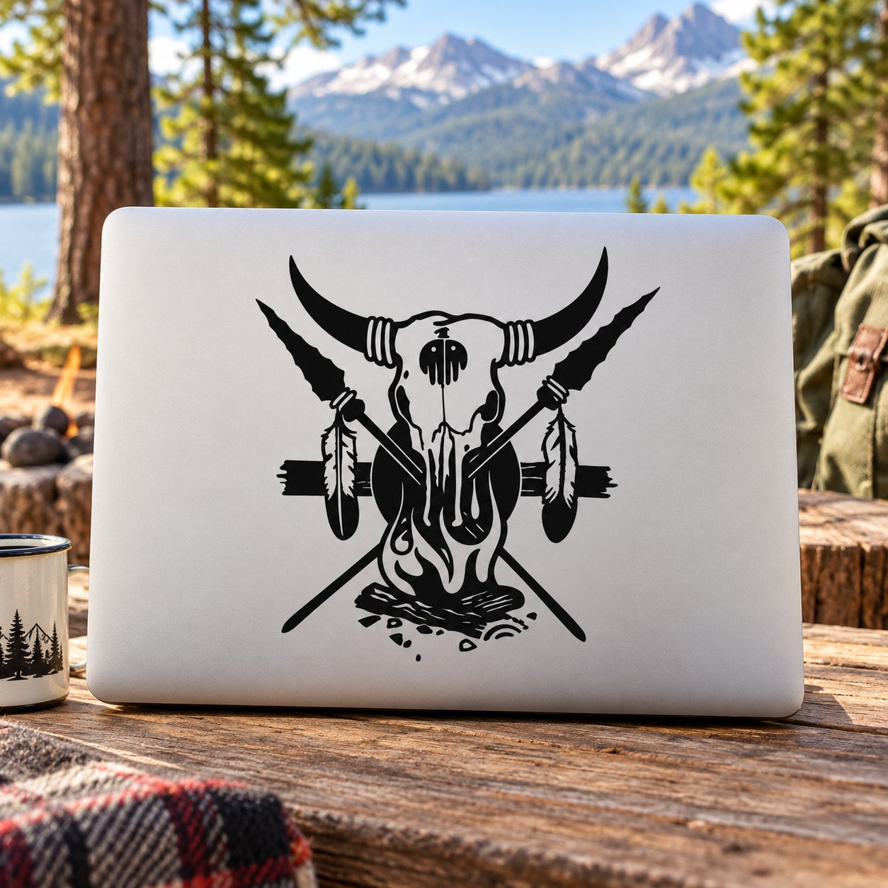 Bull skull graphic decal with crossed spears over campfire, black design on white surface