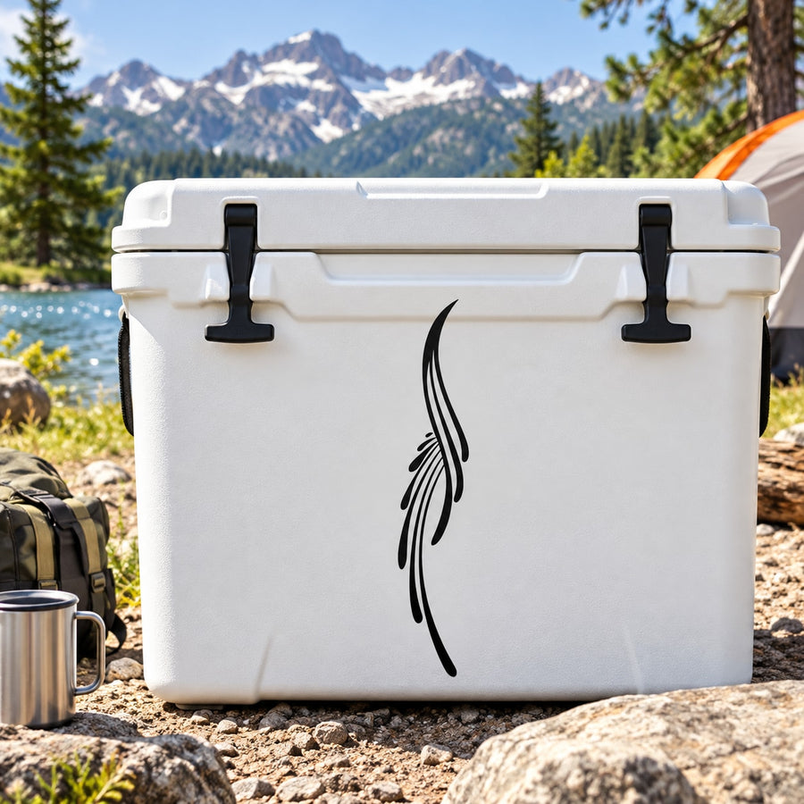 Black tribal feather vinyl decal on white cooler surface