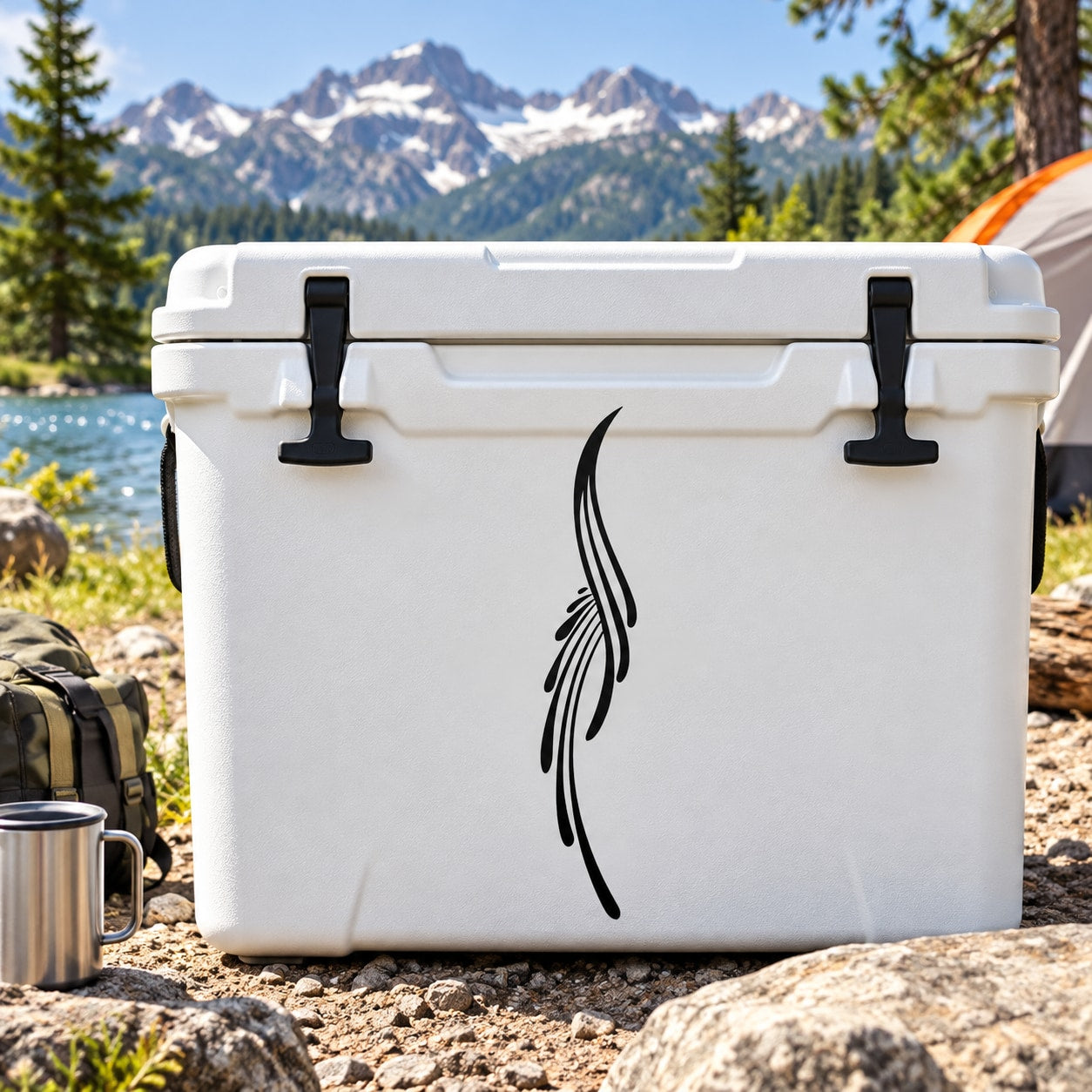Black tribal feather vinyl decal on white cooler surface
