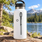 Lacrosse stick decal on a white water bottle with black carrying loop