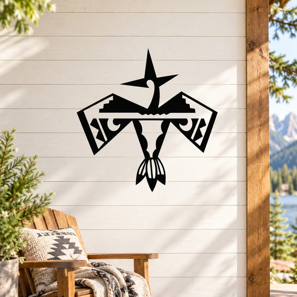 Black native phoenix bird wall decal with geometric arrows and central feather