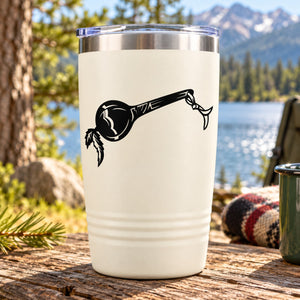White tumbler with black maraca instrument decal on front