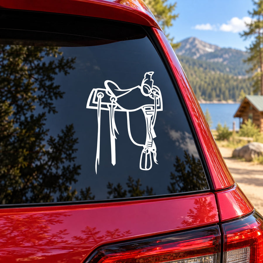 White horse-and-saddle line-art decal on window