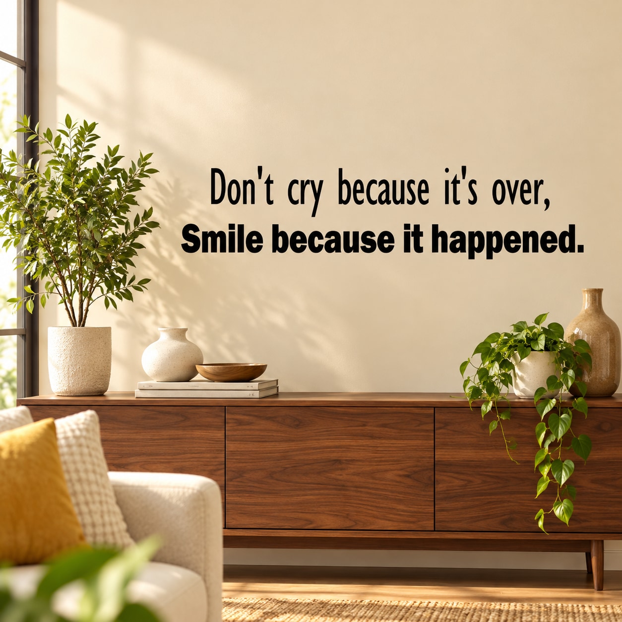 Wall decal with black quote text: "Don't cry because it's over, smile because it happened"