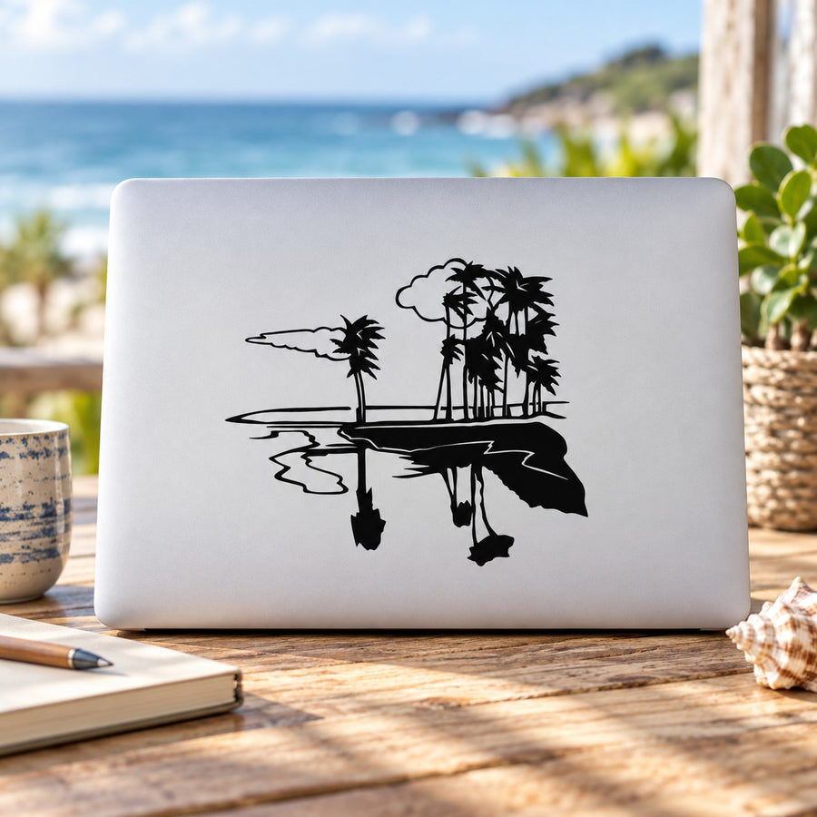 Island palm tree vinyl decal sticker, black silhouette with water reflection