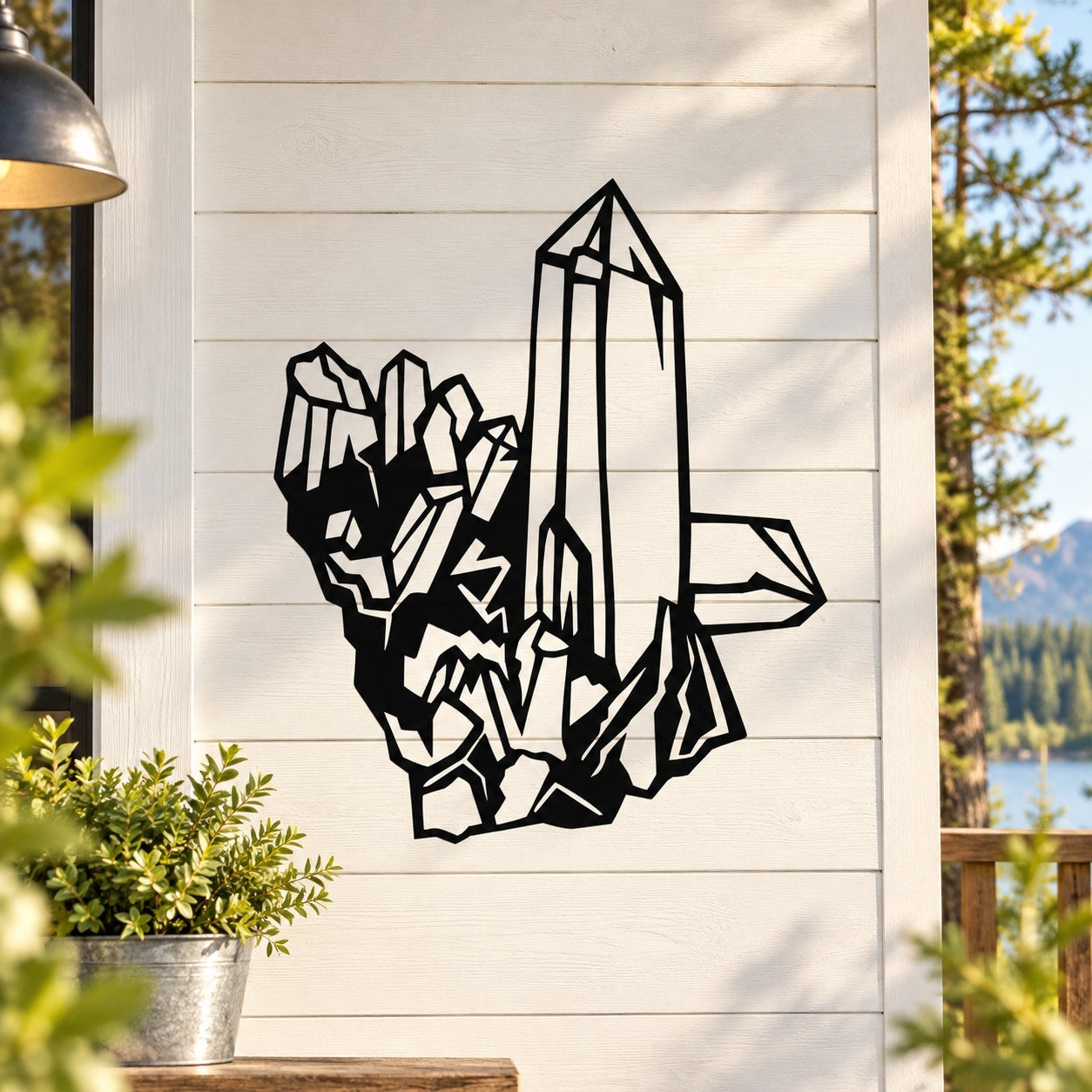Black space rocket vinyl decal with angular rock pile design