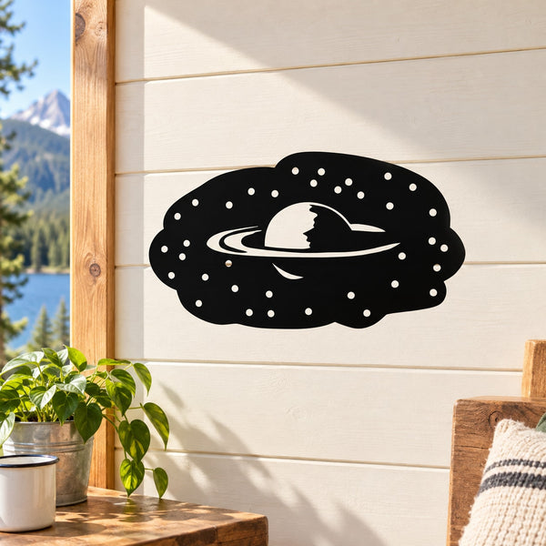 Black space planet vinyl decal sticker with Saturn silhouette, rings, and star dots