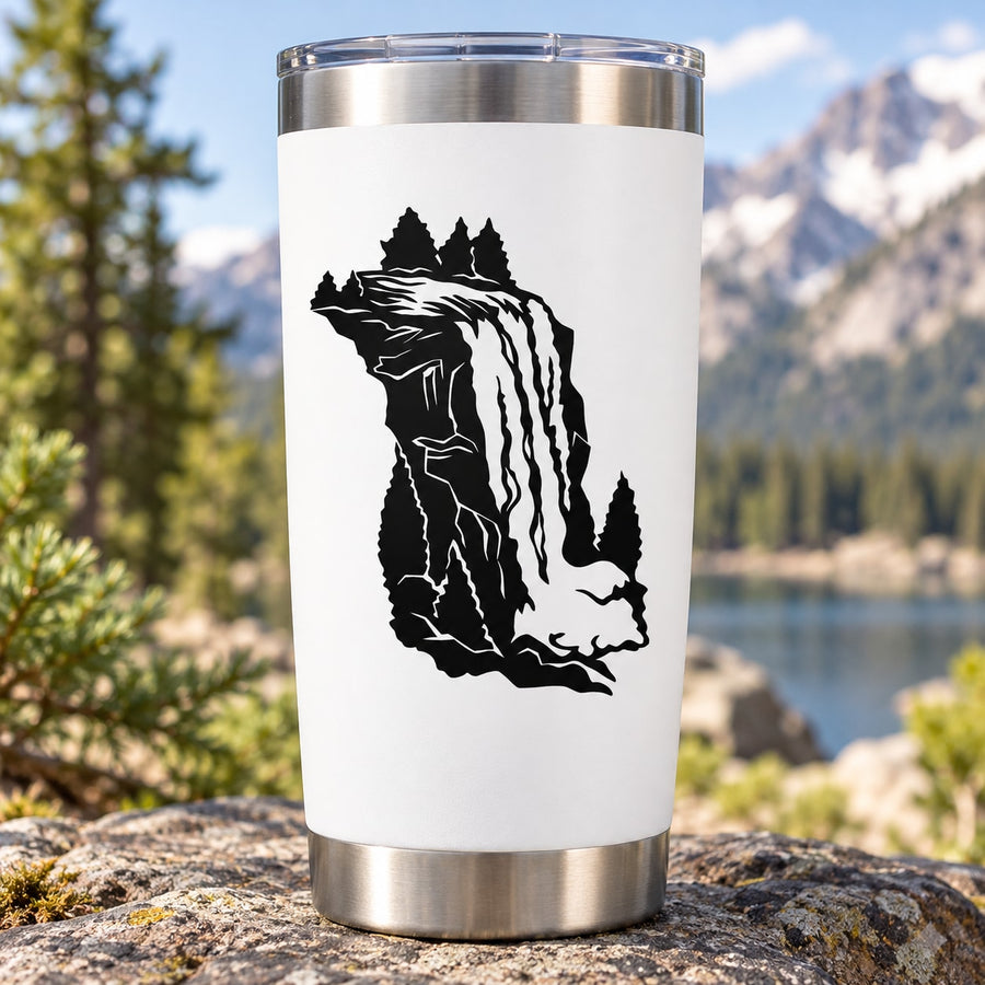White tumbler with black waterfall-style animal silhouette vinyl decal