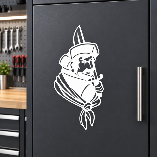 White astronaut vinyl decal sticker with helmet and holding pose outline