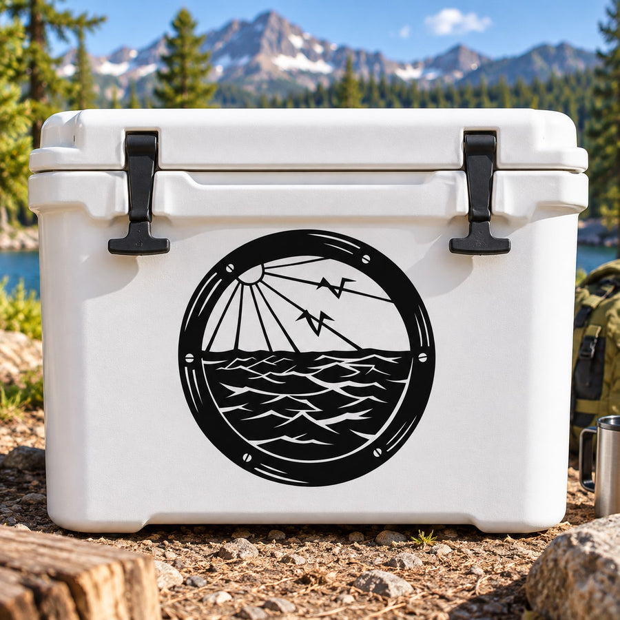 Car vinyl decal sticker: black round space navigation emblem with waves, stars, and arrows