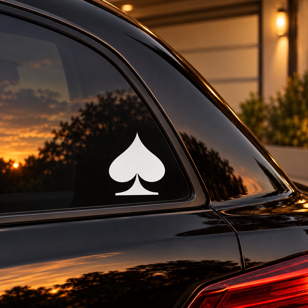 Spade decal with white spade symbol on dark car window