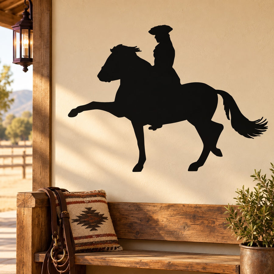 Black horse and rider silhouette decal, side profile