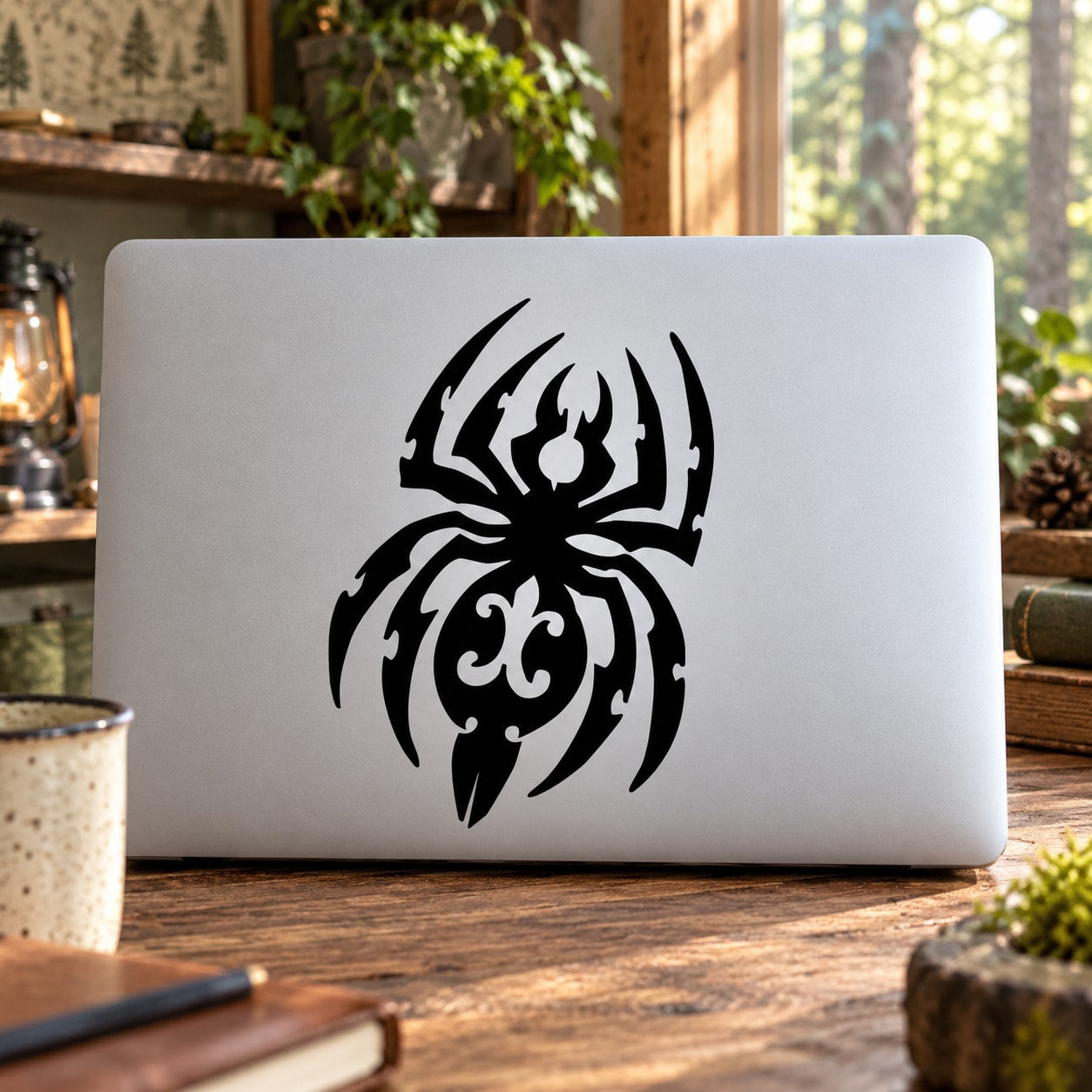 Black spider emblem decal with stylized cult symbol