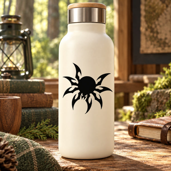 Black spider decal on white rounded bottle with metal lid
