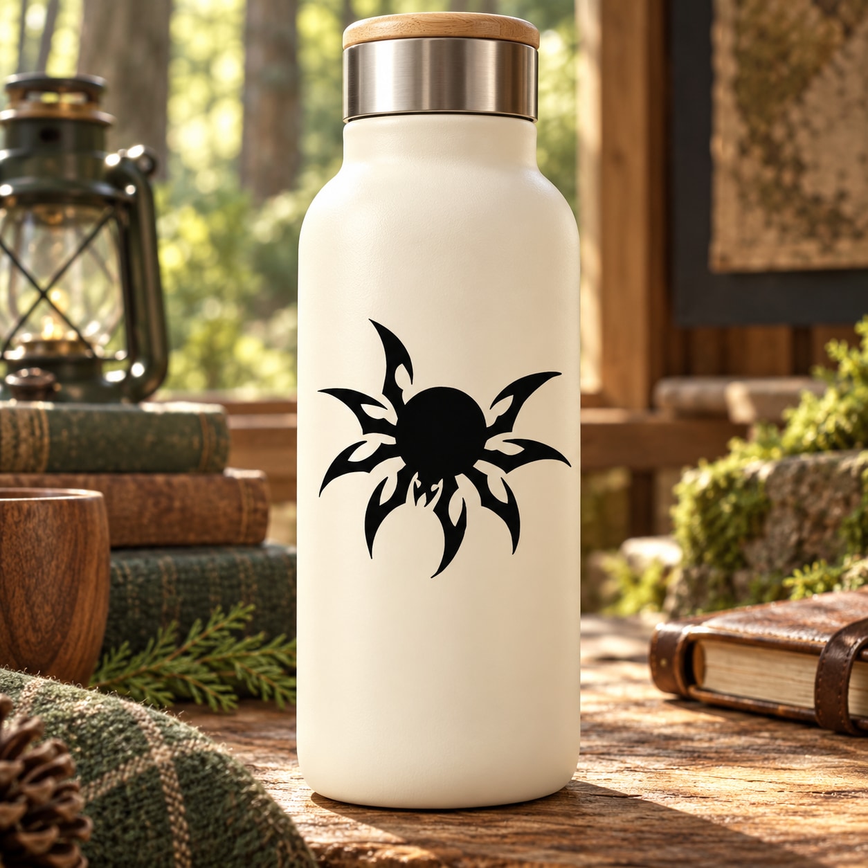 Black spider decal on white rounded bottle with metal lid