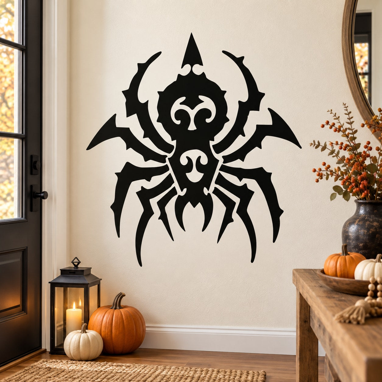 Black barbed spider wall decal with detailed web-like design