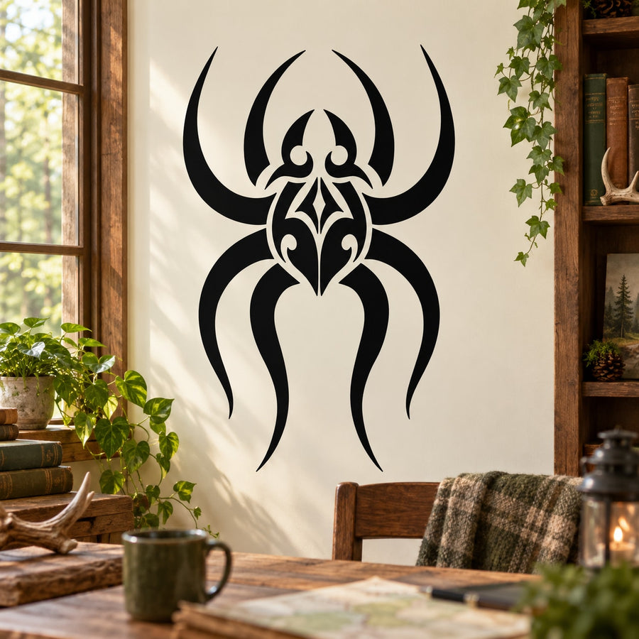 Flowing spider decal, black tribal-style spider on white surface