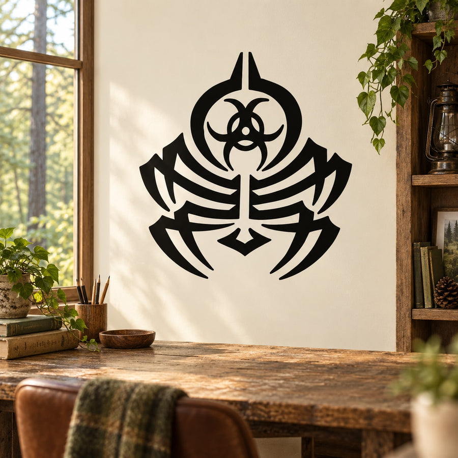 Black hazard spider decal sticker with web and central hazard icon