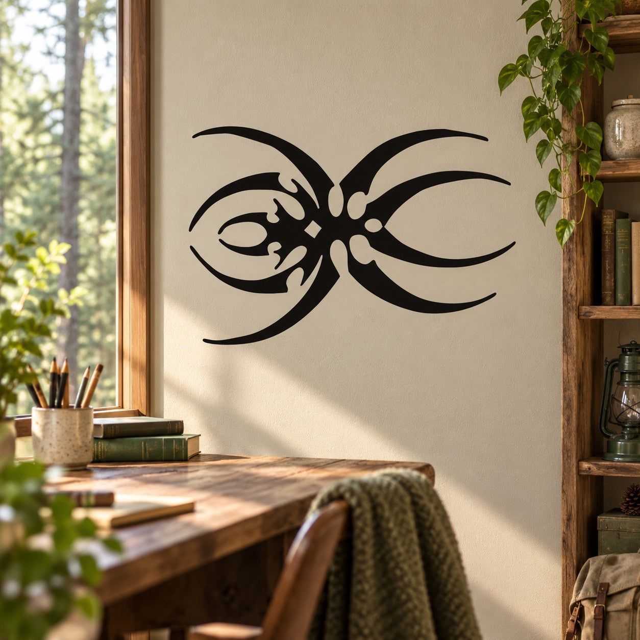 Black stylized spider decal with long legs on a light wall