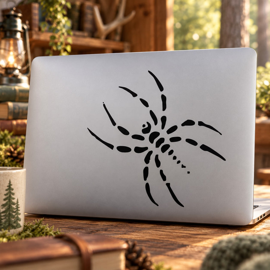 Spider decal sticker with black web design on light gray laptop lid