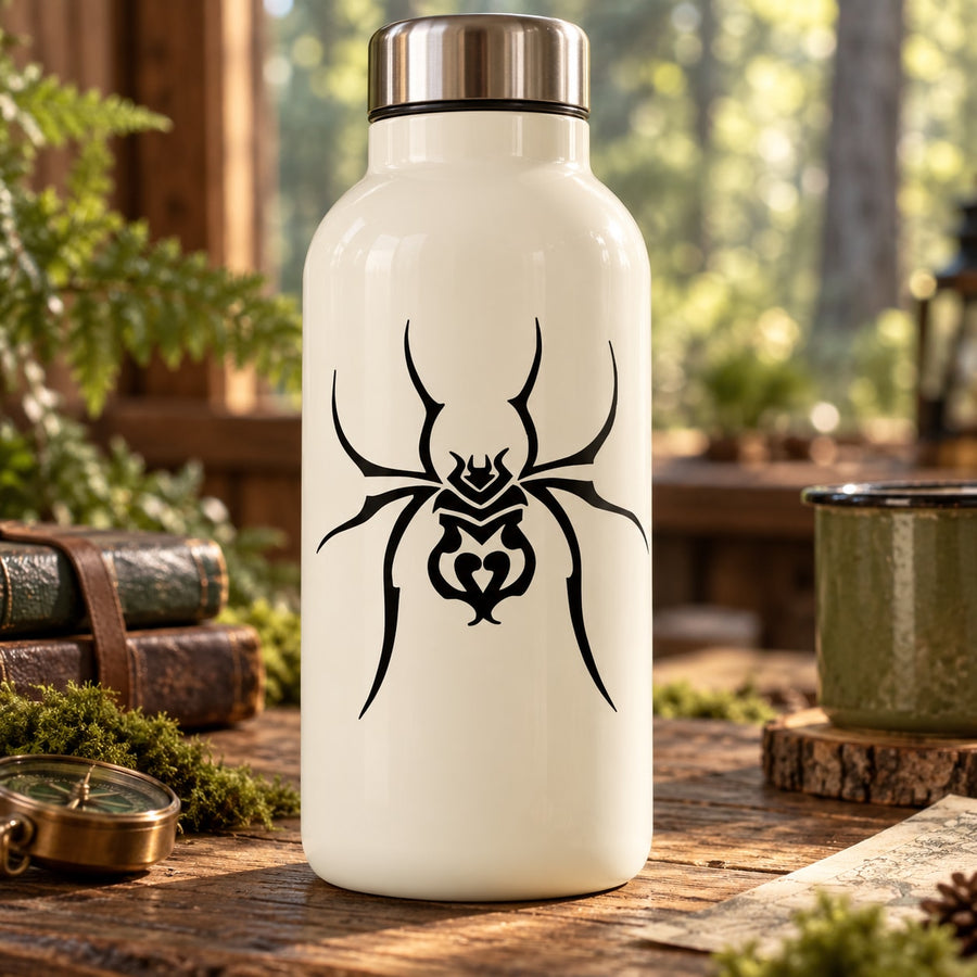 Black spider decal with web and heart center on white bottle