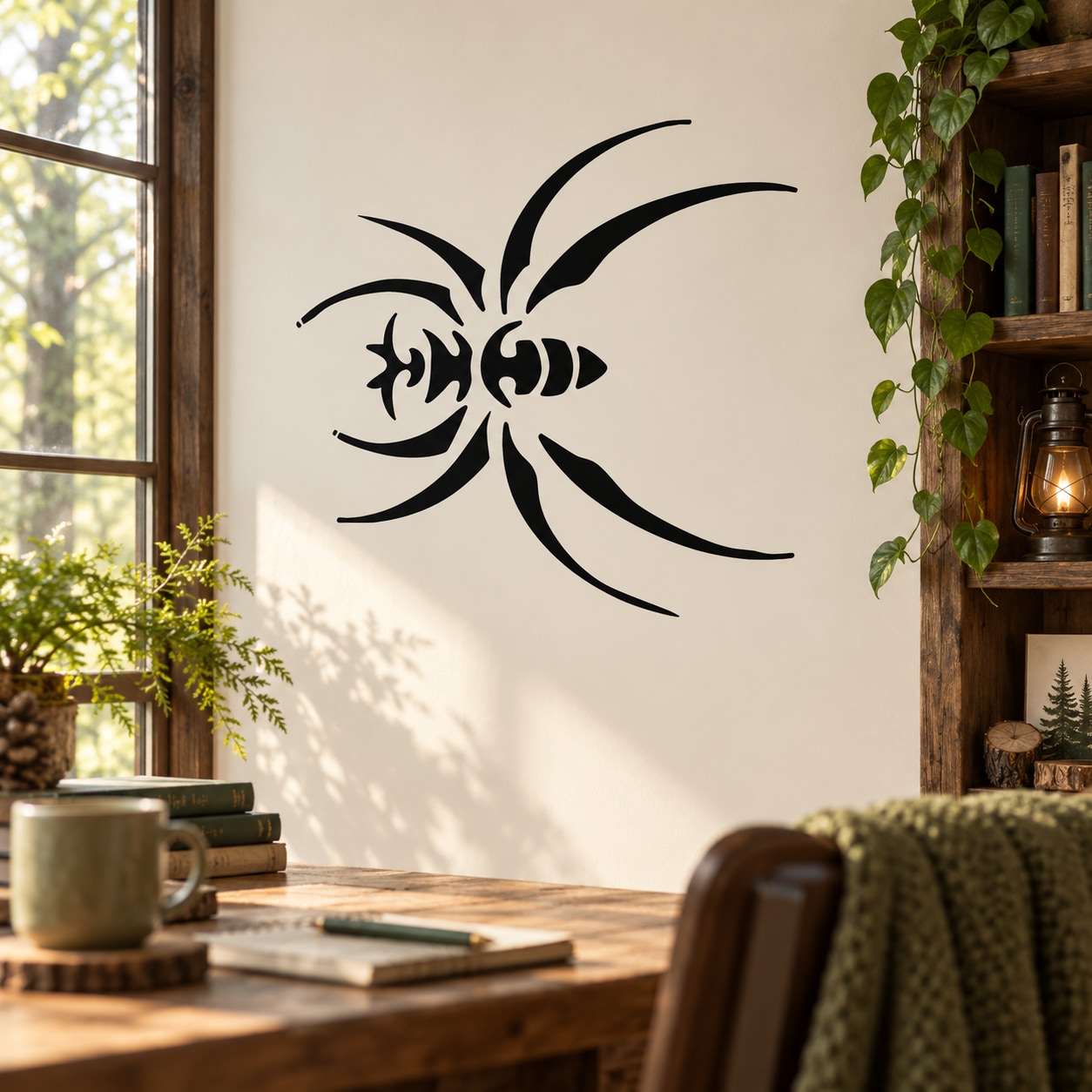 Black spider wall decal with eight legs, vinyl sticker for indoor/outdoor walls