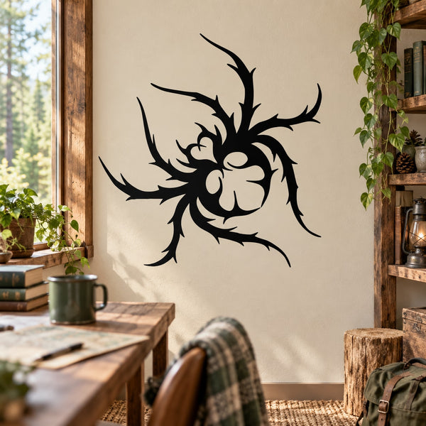 Black thorny spider vinyl decal with detailed legs and flower-like body
