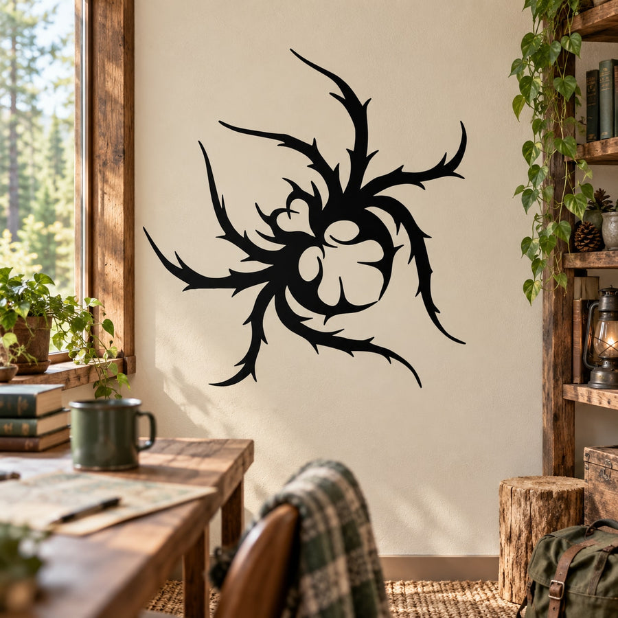 Black thorny spider vinyl decal with detailed legs and flower-like body