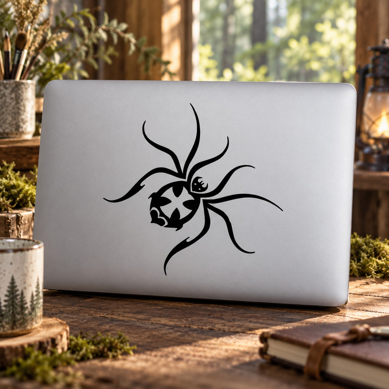 Black corrupt spider decal graphic with webbing on smooth surface