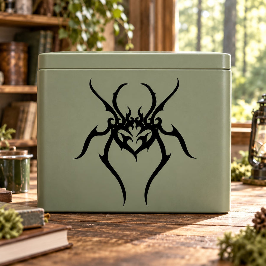 Black stylized spider decal with web-like filigree