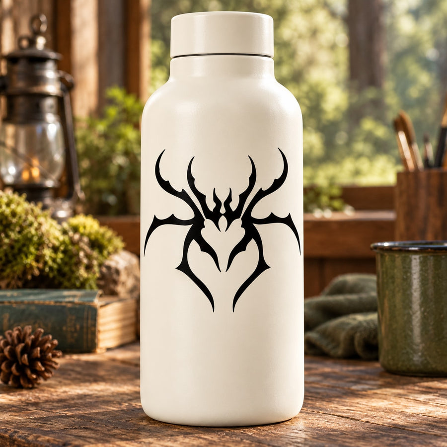 Black spider web decal with bold spider silhouette, shown on a white bottle
