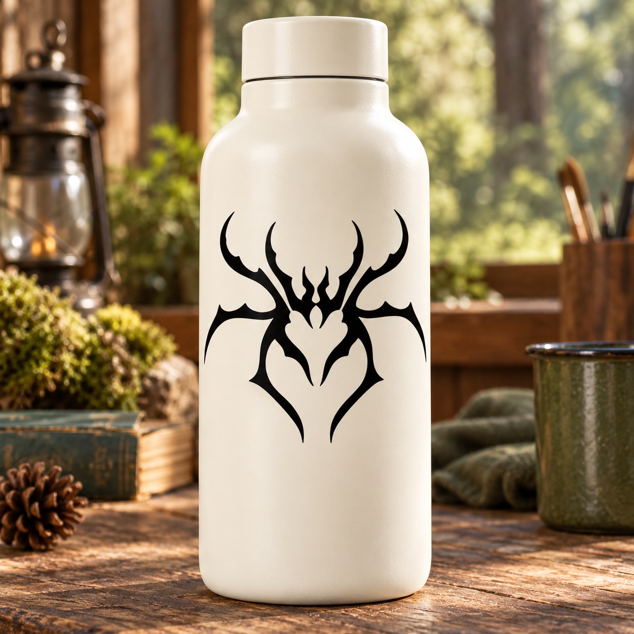 Black spider web decal with bold spider silhouette, shown on a white bottle