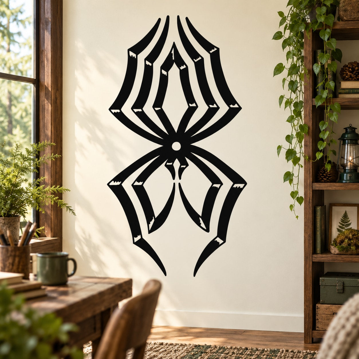 Black spiderweb and spider wall decal, bold graphic design