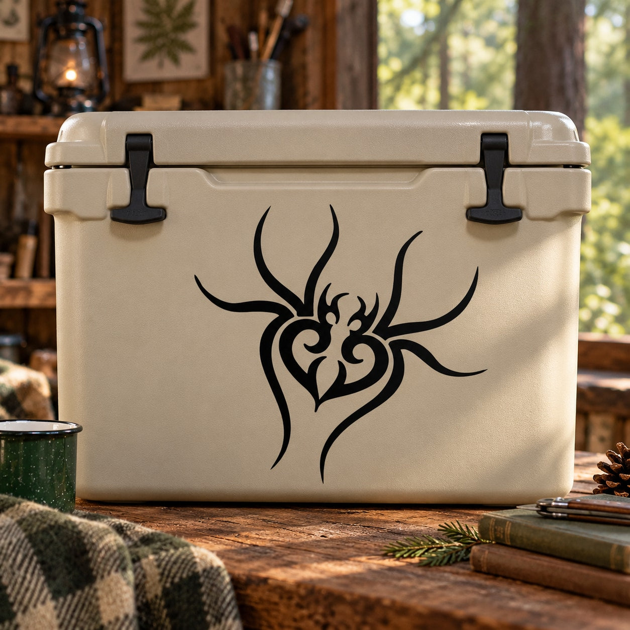 Ornate black spider tattoo-style decal on a white cooler lid
