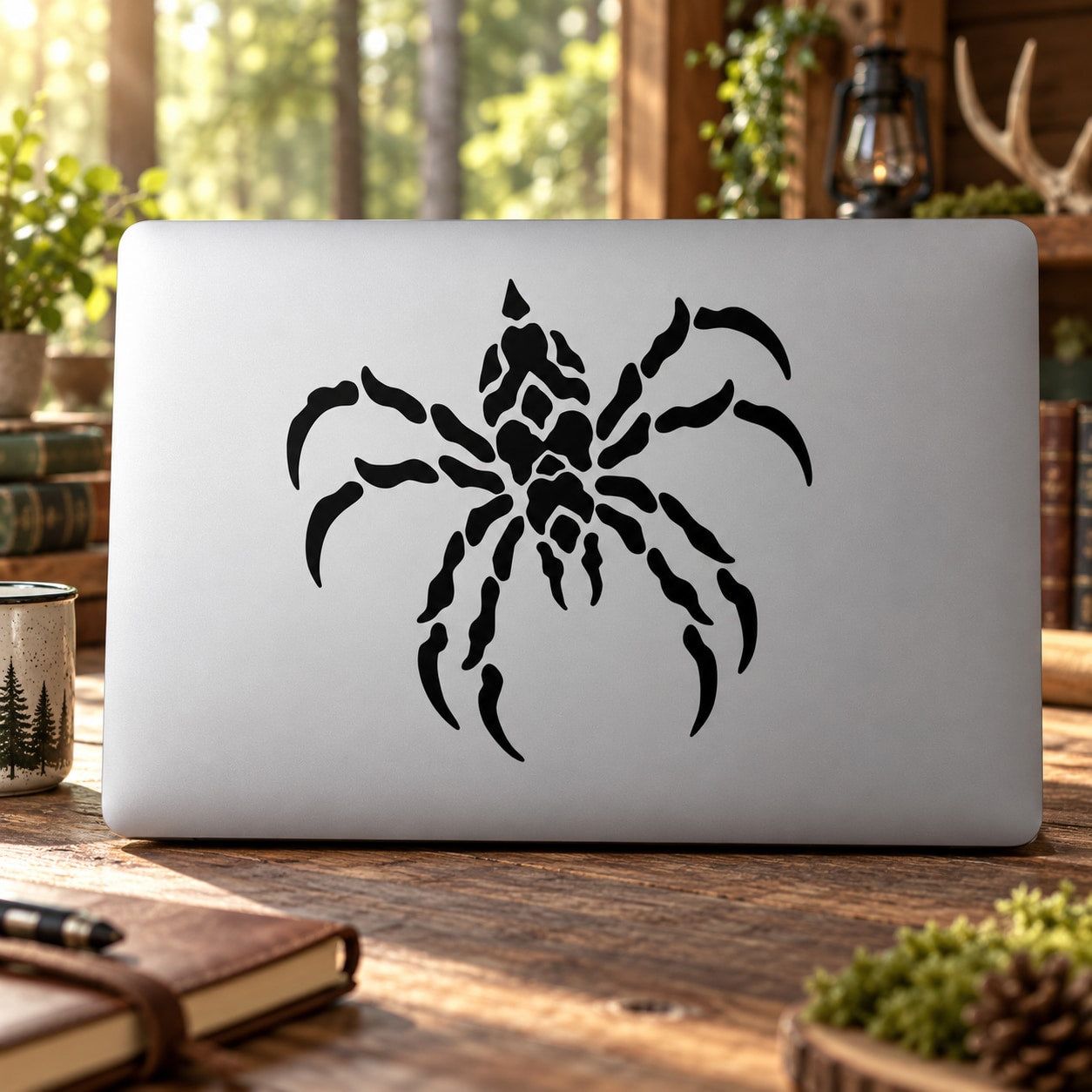 Black thorn spider vinyl decal with bold central body and eight spiny legs
