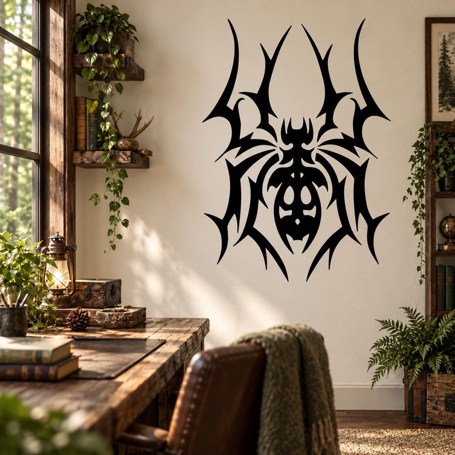 Spiky spider decal with web and fanged grin, black outline on dark background