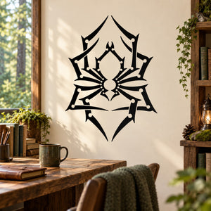 Black spider web emblem wall decal with arched fangs design