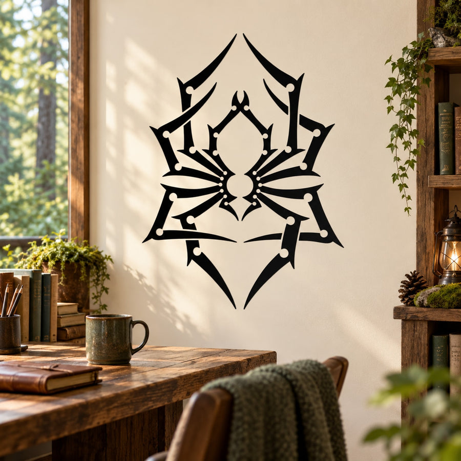 Black spider web emblem wall decal with arched fangs design
