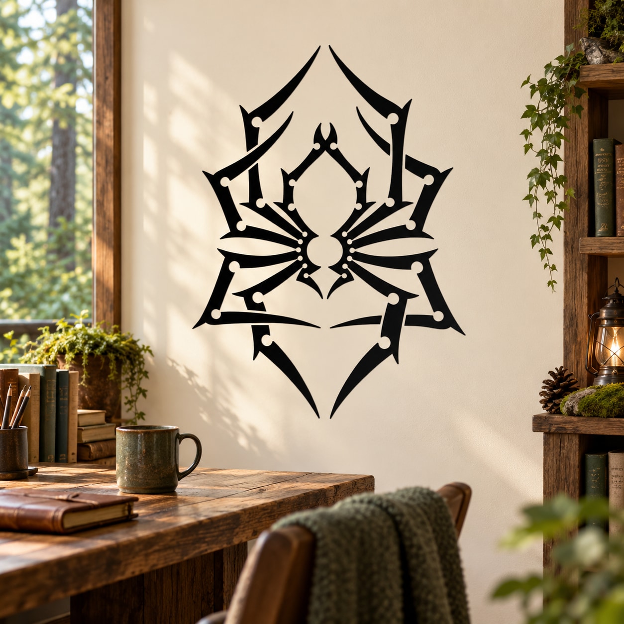 Black spider web emblem wall decal with arched fangs design