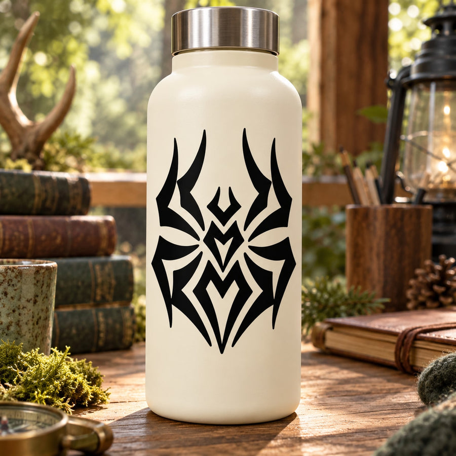 Black spider web decal with stylized spider on light background