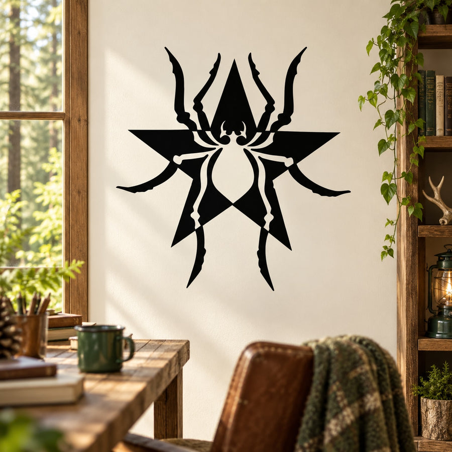 Black spider starburst wall decal with pointed legs and web-like shape