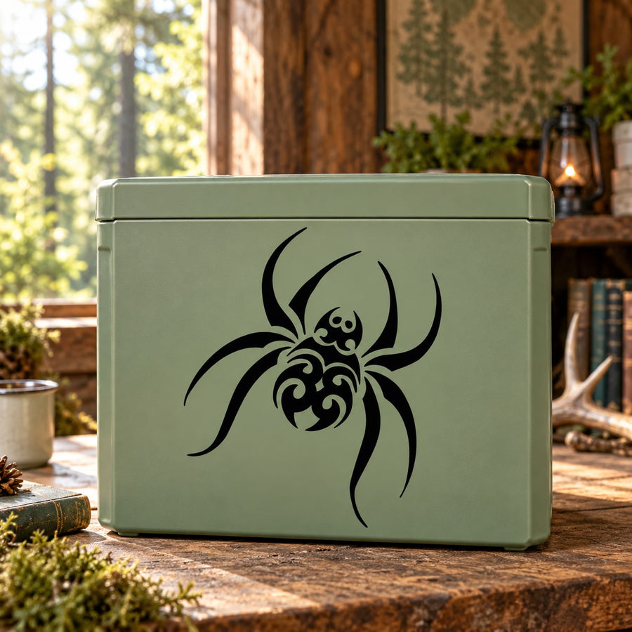 Black spider decal with blade-like legs on green surface
