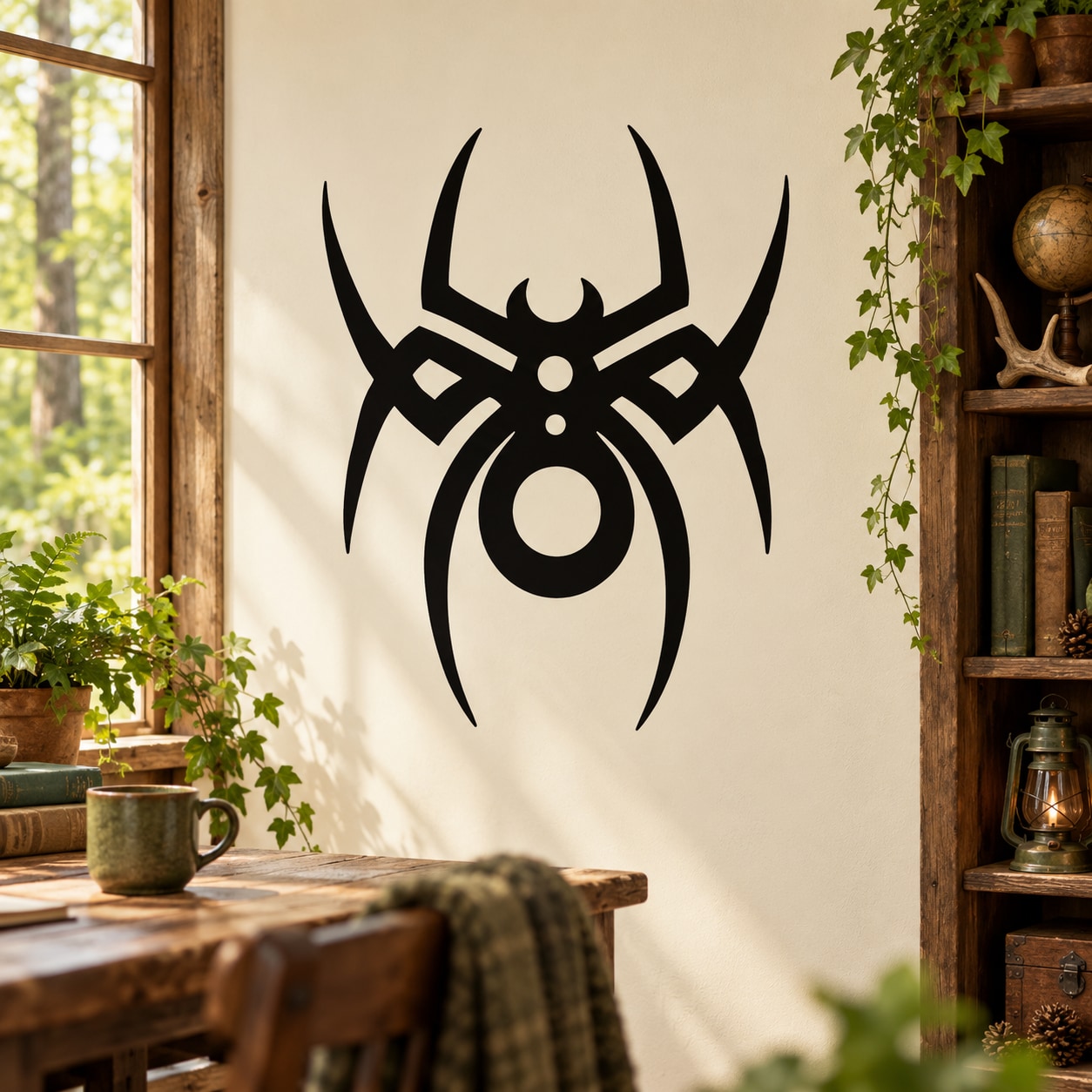 Black spider decal with cross-style web symbol
