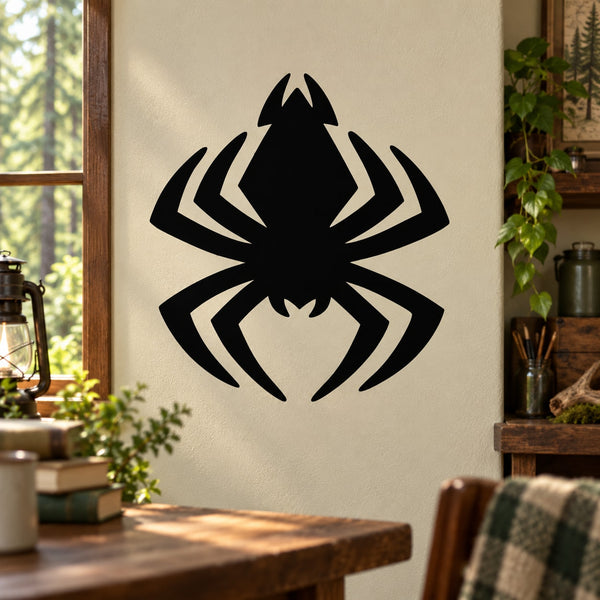 Black spider silhouette wall decal with bold, stylized eight legs
