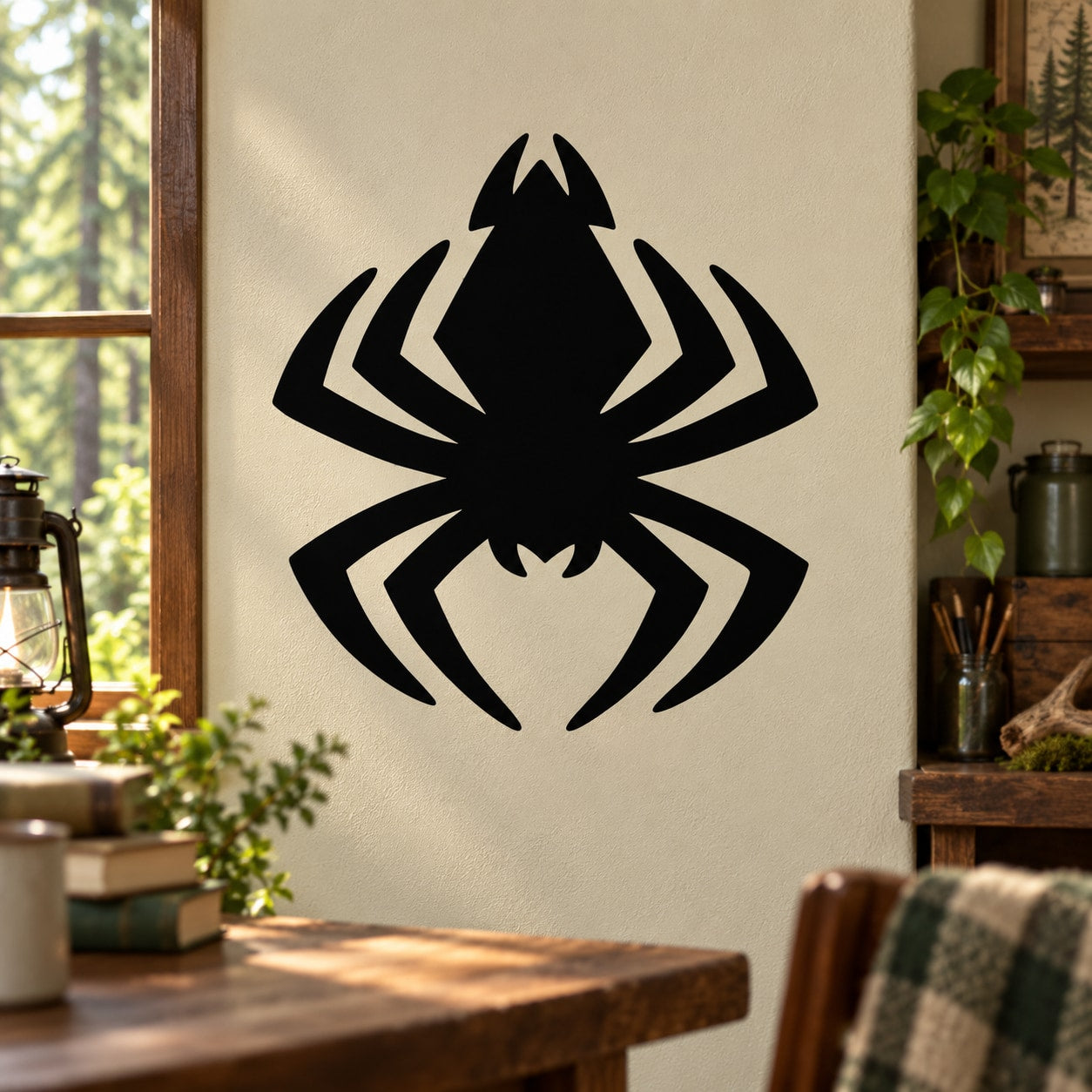 Black spider silhouette wall decal with bold, stylized eight legs