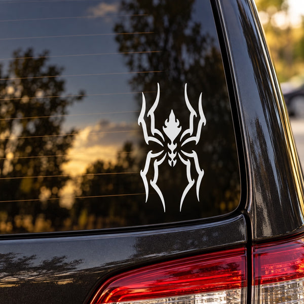 Slithering vile spider decal: white stylized spider with flame-like legs for car windows