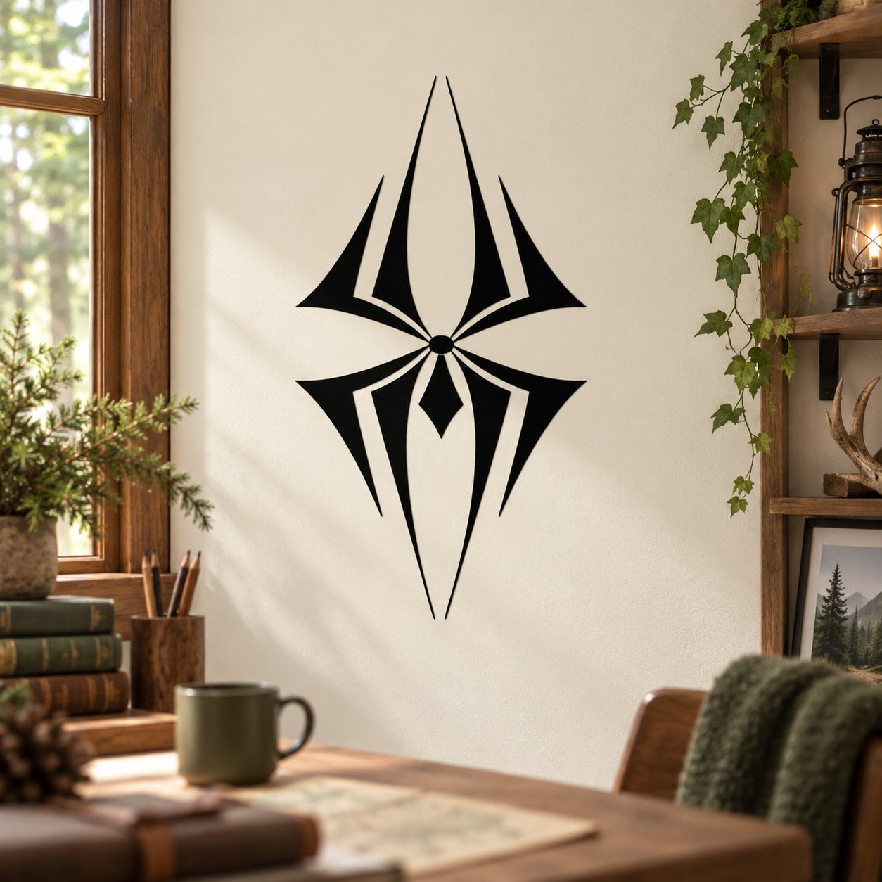 Black angular spider decal with web-like center, wall sticker design